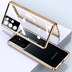 Samsung Galaxy S21 Ultra 5G用ケース 高級感 手触り良い アルミメタル 製の金属製 360度 フルカバーバンパー 鏡面 カバー M01 サムスン ゴールド