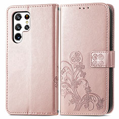 Samsung Galaxy S22 Ultra 5G用手帳型 レザーケース スタンド 花 カバー サムスン ピンク
