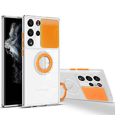 Samsung Galaxy S22 Ultra 5G用極薄ソフトケース シリコンケース 耐衝撃 全面保護 クリア透明 アンド指輪 S03 サムスン オレンジ