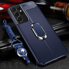 Samsung Galaxy S22 Ultra 5G用シリコンケース ソフトタッチラバー レザー柄 アンド指輪 マグネット式 サムスン ネイビー