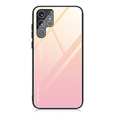 Samsung Galaxy S22 Ultra 5G用ハイブリットバンパーケース プラスチック 鏡面 虹 グラデーション 勾配色 カバー サムスン ピンク