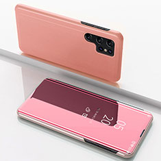 Samsung Galaxy S22 Ultra 5G用手帳型 レザーケース スタンド 鏡面 カバー サムスン ローズゴールド