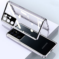 Samsung Galaxy S23 Ultra 5G用ケース 高級感 手触り良い アルミメタル 製の金属製 360度 フルカバーバンパー 鏡面 カバー M01 サムスン シルバー