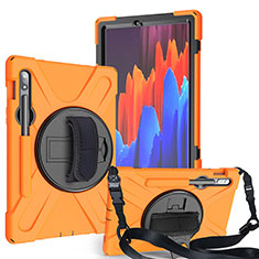 Samsung Galaxy Tab S7 4G 11 SM-T875用ハイブリットバンパーケース スタンド プラスチック 兼シリコーン カバー A02 サムスン オレンジ