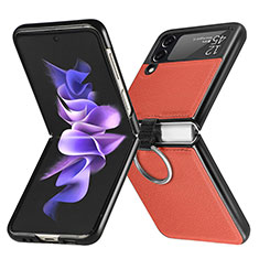 Samsung Galaxy Z Flip3 5G用ハイブリットバンパーケース 高級感 手触り良いレザー柄 兼プラスチック サムスン オレンジ