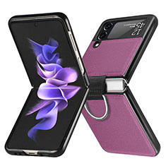 Samsung Galaxy Z Flip3 5G用ハイブリットバンパーケース 高級感 手触り良いレザー柄 兼プラスチック L06 サムスン パープル