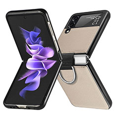 Samsung Galaxy Z Flip3 5G用ハイブリットバンパーケース 高級感 手触り良いレザー柄 兼プラスチック L06 サムスン ゴールド