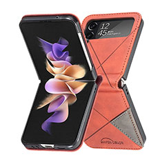 Samsung Galaxy Z Flip4 5G用ハイブリットバンパーケース 高級感 手触り良いレザー柄 兼プラスチック サムスン オレンジ