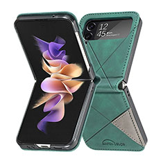 Samsung Galaxy Z Flip4 5G用ハイブリットバンパーケース 高級感 手触り良いレザー柄 兼プラスチック サムスン グリーン