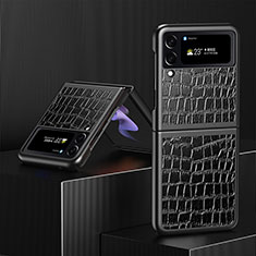 Samsung Galaxy Z Flip4 5G用ハイブリットバンパーケース 高級感 手触り良いレザー柄 兼プラスチック S08 サムスン ブラック