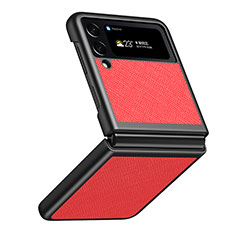 Samsung Galaxy Z Flip4 5G用ハイブリットバンパーケース 高級感 手触り良いレザー柄 兼プラスチック L02 サムスン レッド