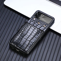 Samsung Galaxy Z Flip4 5G用ハイブリットバンパーケース 高級感 手触り良いレザー柄 兼プラスチック H05 サムスン ブラック