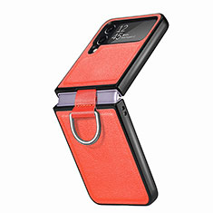 Samsung Galaxy Z Flip4 5G用ハイブリットバンパーケース 高級感 手触り良いレザー柄 兼プラスチック B06 サムスン オレンジ