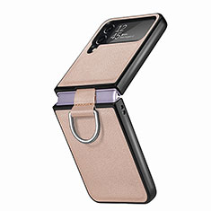 Samsung Galaxy Z Flip4 5G用ハイブリットバンパーケース 高級感 手触り良いレザー柄 兼プラスチック B06 サムスン カーキ色