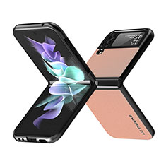 Samsung Galaxy Z Flip4 5G用ハイブリットバンパーケース 高級感 手触り良いレザー柄 兼プラスチック LC1 サムスン ローズゴールド