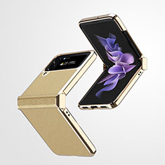 Samsung Galaxy Z Flip4 5G用ハイブリットバンパーケース 高級感 手触り良いレザー柄 兼プラスチック ZL2 サムスン ゴールド