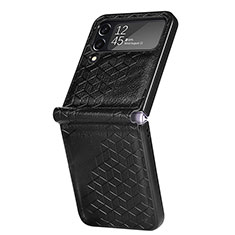 Samsung Galaxy Z Flip4 5G用ハイブリットバンパーケース 高級感 手触り良いレザー柄 兼プラスチック R04 サムスン ブラック