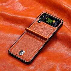 Samsung Galaxy Z Flip4 5G用ハイブリットバンパーケース 高級感 手触り良いレザー柄 兼プラスチック R06 サムスン オレンジ