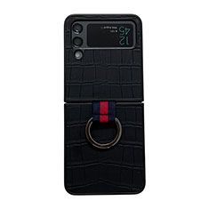 Samsung Galaxy Z Flip4 5G用ハイブリットバンパーケース 高級感 手触り良いレザー柄 兼プラスチック C06 サムスン ブラック