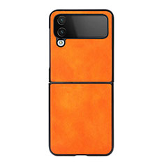 Samsung Galaxy Z Flip4 5G用ハイブリットバンパーケース 高級感 手触り良いレザー柄 兼プラスチック C09 サムスン オレンジ
