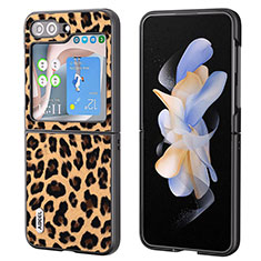 Samsung Galaxy Z Flip5 5G用ハイブリットバンパーケース 高級感 手触り良いレザー柄 兼プラスチック AD5 サムスン ライト・ブラウン