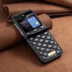 Samsung Galaxy Z Flip5 5G用ハイブリットバンパーケース 高級感 手触り良いレザー柄 兼プラスチック BF6 サムスン ブラック