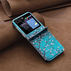 Samsung Galaxy Z Flip5 5G用ハイブリットバンパーケース 高級感 手触り良いレザー柄 兼プラスチック BF2 サムスン シアン