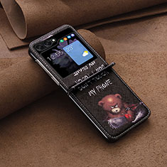 Samsung Galaxy Z Flip5 5G用ハイブリットバンパーケース 高級感 手触り良いレザー柄 兼プラスチック BF2 サムスン ブラウン