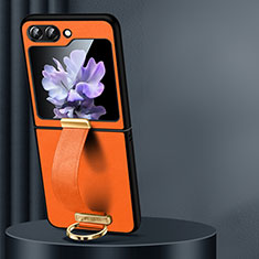 Samsung Galaxy Z Flip5 5G用ハイブリットバンパーケース 高級感 手触り良いレザー柄 兼プラスチック LD1 サムスン オレンジ