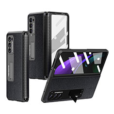 Samsung Galaxy Z Fold2 5G用ハイブリットバンパーケース 高級感 手触り良いレザー柄 兼プラスチック Z03 サムスン ブラック