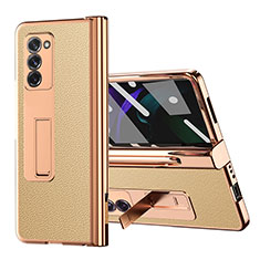 Samsung Galaxy Z Fold2 5G用ハイブリットバンパーケース 高級感 手触り良いレザー柄 兼プラスチック Z04 サムスン ゴールド