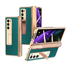 Samsung Galaxy Z Fold2 5G用ハイブリットバンパーケース 高級感 手触り良いレザー柄 兼プラスチック Z09 サムスン グリーン