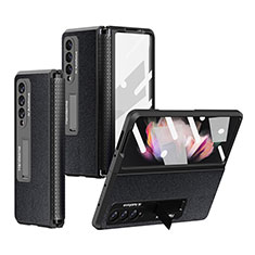Samsung Galaxy Z Fold3 5G用ハイブリットバンパーケース 高級感 手触り良いレザー柄 兼プラスチック R09 サムスン ブラック