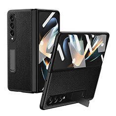 Samsung Galaxy Z Fold3 5G用ハイブリットバンパーケース 高級感 手触り良いレザー柄 兼プラスチック T01 サムスン ブラック