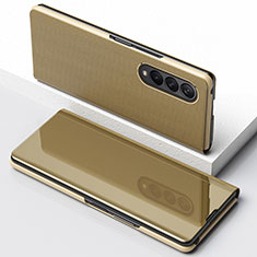 Samsung Galaxy Z Fold3 5G用手帳型 レザーケース スタンド 鏡面 カバー サムスン ゴールド