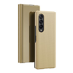 Samsung Galaxy Z Fold4 5G用手帳型 レザーケース スタンド 鏡面 カバー L02 サムスン ゴールド
