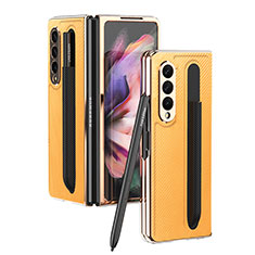 Samsung Galaxy Z Fold4 5G用ハイブリットバンパーケース 高級感 手触り良いレザー柄 兼プラスチック C04 サムスン イエロー