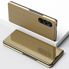 Samsung Galaxy Z Fold5 5G用手帳型 レザーケース スタンド 鏡面 カバー サムスン ゴールド