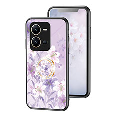 Vivo V25 5G用ハイブリットバンパーケース プラスチック 鏡面 花 カバー S01 Vivo ラベンダー