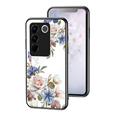 Vivo V27 5G用ハイブリットバンパーケース プラスチック 鏡面 花 カバー Vivo ホワイト