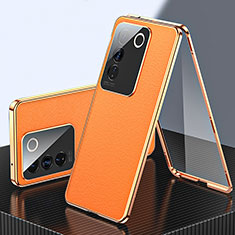 Vivo V27 Pro 5G用360度 フルカバー ケース 高級感 手触り良い アルミメタル 製の金属製 と レザー Vivo オレンジ