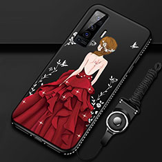 Vivo X50 5G用シリコンケース ソフトタッチラバー バタフライ ドレスガール ドレス少女 カバー Vivo レッド・ブラック
