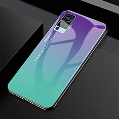 Vivo X50 Pro 5G用ハイブリットバンパーケース プラスチック 鏡面 虹 グラデーション 勾配色 カバー Vivo シアン