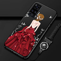 Vivo X51 5G用シリコンケース ソフトタッチラバー バタフライ ドレスガール ドレス少女 カバー Vivo レッド・ブラック