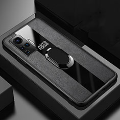Vivo X51 5G用シリコンケース ソフトタッチラバー レザー柄 アンド指輪 マグネット式 S04 Vivo ブラック