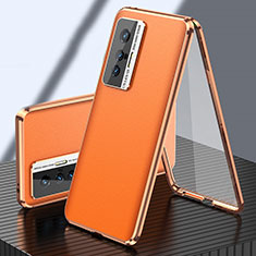 Vivo X70 5G用360度 フルカバー ケース 高級感 手触り良い アルミメタル 製の金属製 と レザー Vivo オレンジ