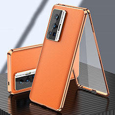 Vivo X70 Pro 5G用360度 フルカバー ケース 高級感 手触り良い アルミメタル 製の金属製 と レザー Vivo オレンジ