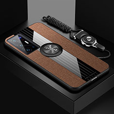 Vivo X70 Pro+ Plus 5G用極薄ソフトケース シリコンケース 耐衝撃 全面保護 アンド指輪 マグネット式 バンパー X03L Vivo ブラウン