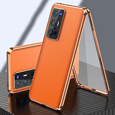Vivo X70 Pro+ Plus 5G用360度 フルカバー ケース 高級感 手触り良い アルミメタル 製の金属製 と レザー Vivo オレンジ