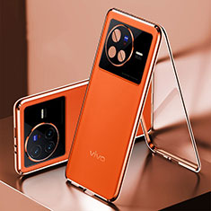 Vivo X80 5G用360度 フルカバー ケース 高級感 手触り良い アルミメタル 製の金属製 と レザー Vivo オレンジ